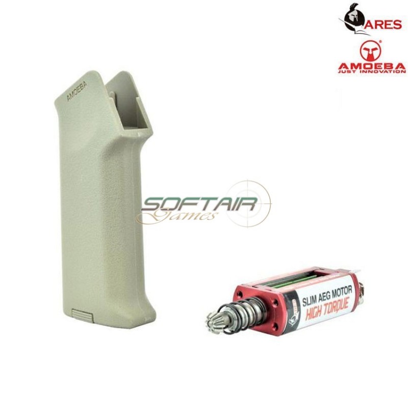 Realistic Series Combo Set Motor Grip Tan Slim + Motor Aeg Long Type Slim High Torque Amoeba Ares (ar-pgm3-t)