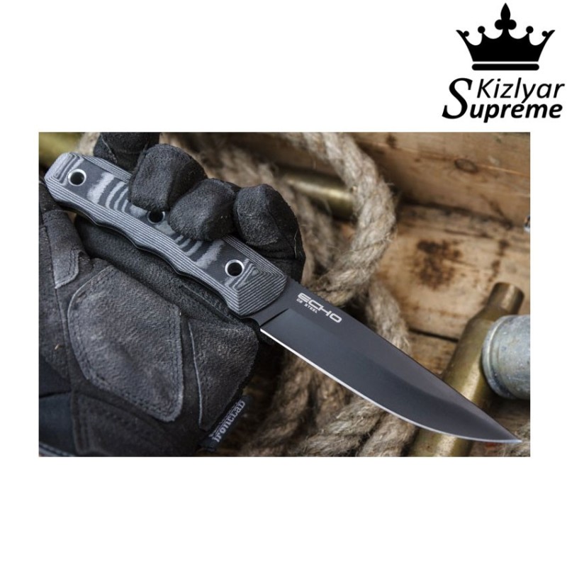 Tactical knife fixed blade echo d2 black titanium kizlyar supreme (kz-kk0062)