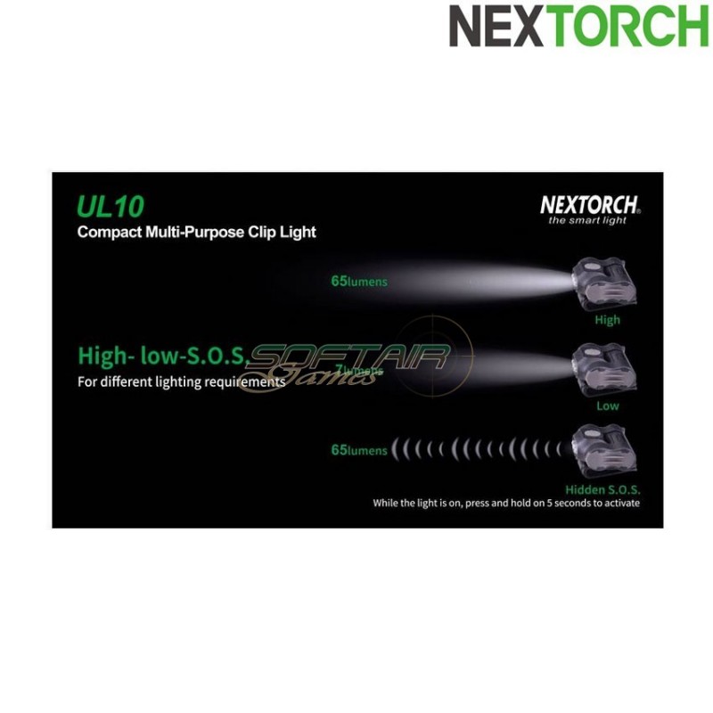 Flashlight ul10 compact clip light 65 lumens led black nextorch (nxt-l300010077)