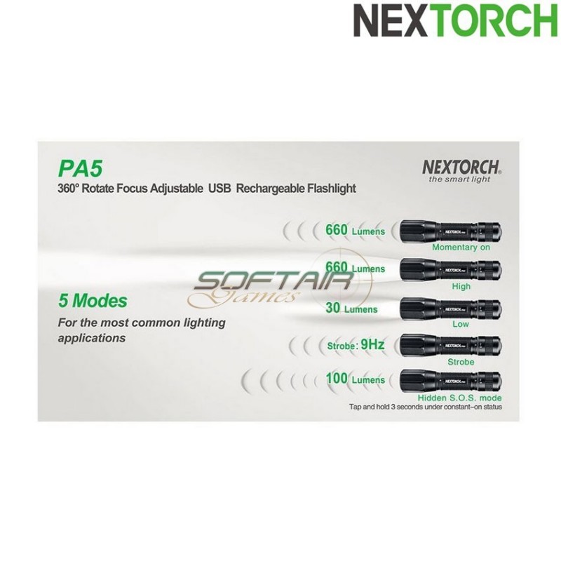 Torcia pa5 focus adjust ricaricabile 660 lumens led black nextorch (nxt-l300010072)