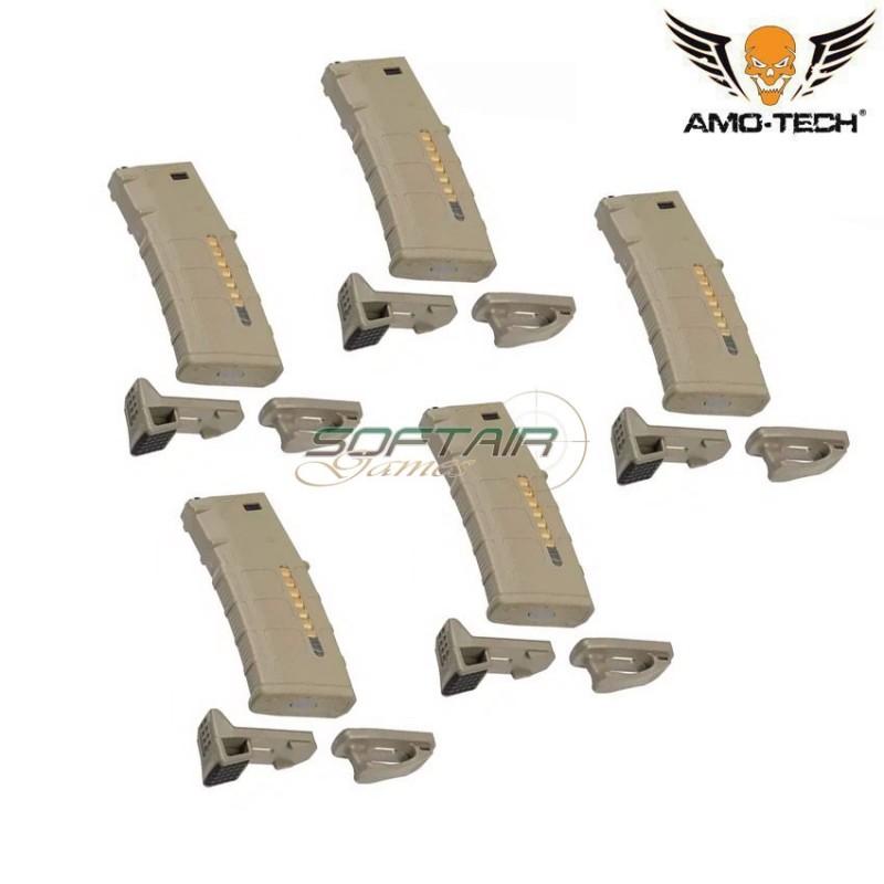 Set 5 pieces Mid-caps magazines 120bb aeg m4/ar-15 dark earth w/dummy ammo kit B amo-tech® (amt-as.i034-kitb-de-5)