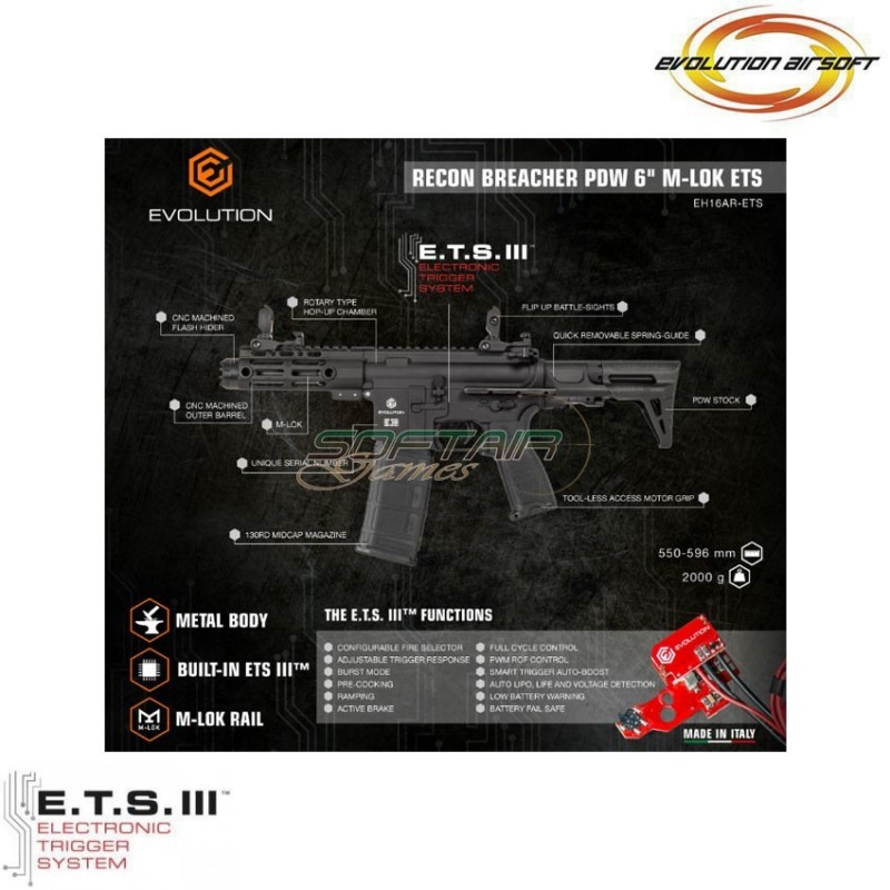 Fucile elettrico Recon Breacher PDW 6'' LC ets black evolution airsoft (ea-eh16ar-ets) Fucile elettrico Recon Breacher PDW 6'' LC ets black evolution airsoft (ea-eh16ar-ets)