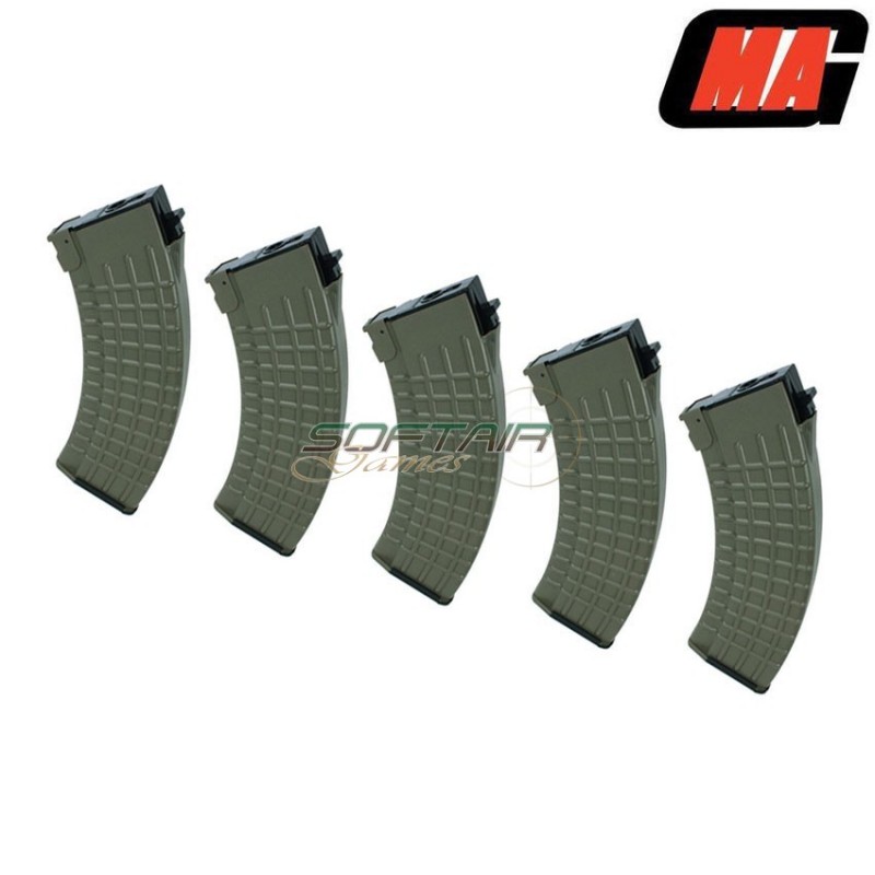 Set 5 caricatori monofilari waffle type olive drab 100bb polimero per ak47/akm aeg mag (mag-006b)