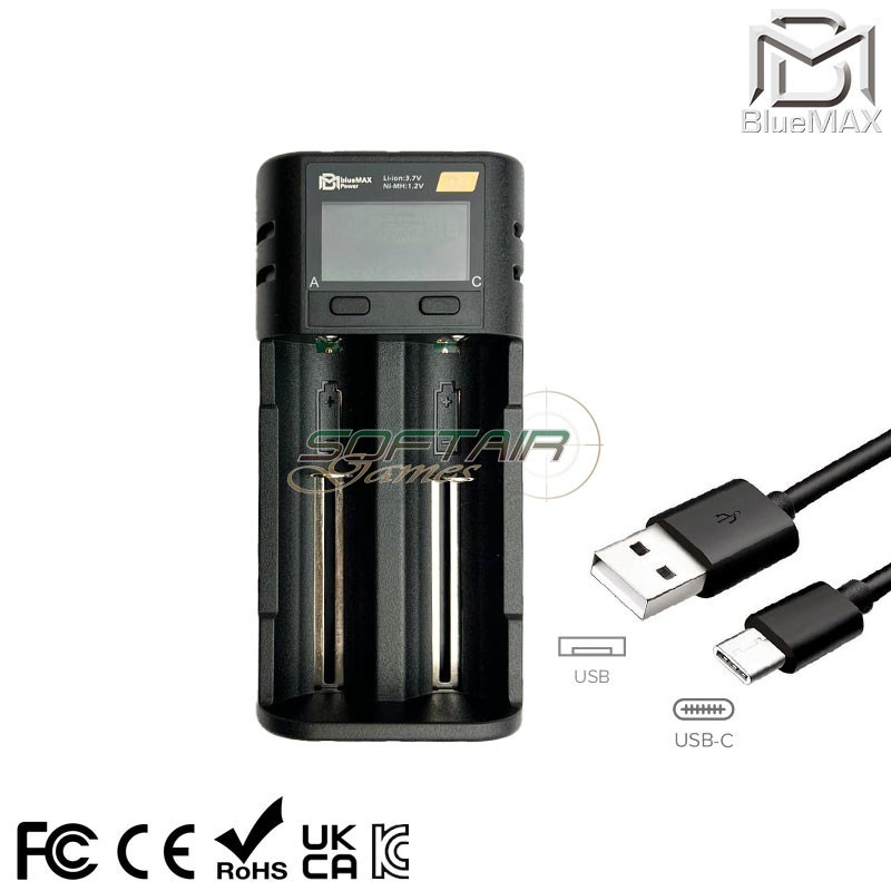 Carica Batterie Intelligente a 2 Slot per 18650 Bluemax-power® (bmp-typec-charger) Carica Batterie Intelligente a 2 Slot per 18650 Bluemax-power® (bmp-typec-charger)